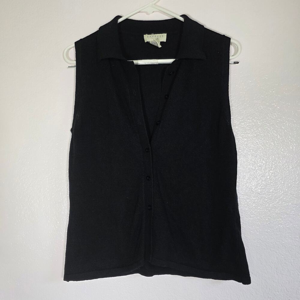 Vintage Express Tricot Black Sleeveless Knit Button Front Top Size L